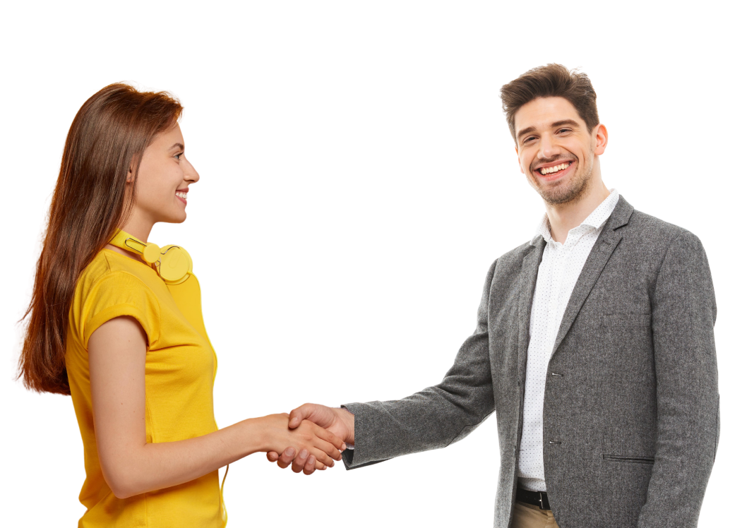 one man and a lady shaking their hands